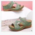 Vintage green wedge sandals featuring elegant pink floral embroidery and comfortable low heels. - 35 / Green