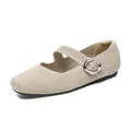 Elegantes bailarinas Mary Jane de punto beige con punta cuadrada y correa ajustable - 34 / Albaricoque Claro