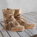 Stijlvolle bruine suède boho enkellaarsjes met franjes en gespdetail voor dames - 35 / Khaki