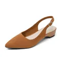 Elegant brown knit pointed-toe slingback shoes with a comfortable low block heel. - Brown