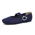Navy blue breathable hollow mesh Mary Jane flats with square toe and silver buckle detail - 34 / Hollow Blue