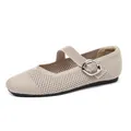 Comfortable beige knit Mary Jane flat shoes with square toe and silver buckle detail - 34 / Cut-out Apricot