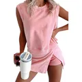 Close-up of washed pink casual two-piece set with sleeveless top and matching skort - Pink