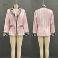 Front and back view of a women's pink bohemian striped blazer featuring floral accents - S / Tops / Pink Stripe