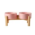 Doppie ciotole in ceramica rosa per gatti con supporto rialzato in bambù. - Piccolo 13cm (Supporto Doppio in Legno Rialzato) / Rosa