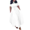 Full view of plus-size white maxi dress with short sleeves and tie-waist detail. - White