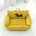 Bright yellow corduroy pet bed with a portable handle and cartoon dog embroidery. - Patch Dog Striped Velvet Nest - Size 1 (Up to 4kg) / Turmeric