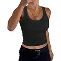 Detailaufnahme des schwarzen gerippten ärmellosen Tanktops für Damen mit weitem Rundhals - S / Oberteile / Schwarz