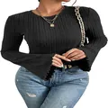 Detail shot of black ribbed knit long sleeve top featuring stylish flare cuffs and round neck - S / Tops / Black