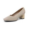 Elegant beige knitted block heel pumps for women featuring a square toe and V-neck design - 34 / Striped Light Apricot