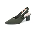 Elegant olive green knit pointed-toe slingback pumps with block heel and bow detail. - Green