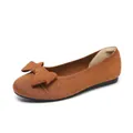 Classic caramel brown knit ballet flats with elegant bow decoration and round toe design - 34 / Brown