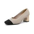 Elegant beige and black colorblock square toe chunky heel knit pumps for women - 34 / Straight Textured Apricot Black