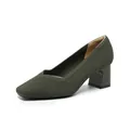 Elegant dark green knit block heel pump with square toe and V-cut design - 34 / Striped Green