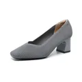 Elegant grey ribbed knit pumps featuring a square toe and V-cut block heel for women - 34 / Striped Gray