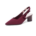 Burgundy pointed-toe knit pump with sturdy block heel and elegant slingback bow detail - Burgundy