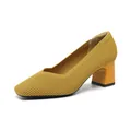 Mustard yellow ribbed knit square toe chunky heel pumps for women with elegant V-neck design - 34 / Striped Yellow