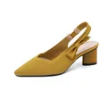 Elegant yellow knit pointed toe slingback pumps with a sturdy block heel and bow. - Yellow