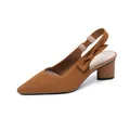 Elegant brown pointed-toe block heel slingback pumps for women with bow detail - Brown