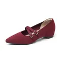 Elegantes bailarinas Mary Jane burdeos de punto de punta con tiras de doble hebilla - 34 / Zapatos Planos Mary Jane (338-2) / Burdeos