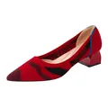 Escarpins élégants à bout pointu et talon carré avec motif tricoté rouge et noir - 34 / Rouge
