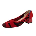 Red knitted square toe pumps with block heel featuring abstract black pattern design - Red