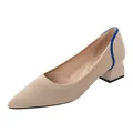 Eleganti décolleté a punta in maglia beige con tacco basso a blocco e sottile bordo blu - Albicocca