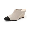 Elegant knit pointed toe wedge mules in beige and black color block for women - 34 / Beige Black