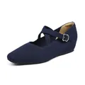 Scarpe con zeppa Mary Jane in maglia blu scuro con cinturini incrociati e fibbia a cuore - 34 / Mary Jane con Cinturino Incrociato / Blu