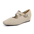 Eleganti scarpe Mary Jane beige in maglia con punta quadrata, cinturini incrociati e zeppa - 34 / Mary Jane con Cinturino Incrociato / Albicocca