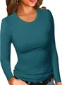 Dettaglio di una maglietta a maniche lunghe a coste da donna, vestibilità slim, ottanio - Taglia S / Top / Blu-Verde