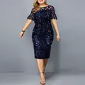 Elegant navy blue sequin midi dress with mesh splicing details for parties - S / Dresses / Navy Blue