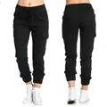 Front and back view of women's black cargo pants with elastic drawstring waist - S / Bottoms / Black