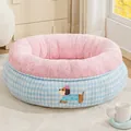 Gemütliches Plüsch-Haustierbett mit blauem Karomuster und rosa Vlies für Katzen - S-Durchmesser 37CM / Rosa-Blauer Donut / Rosa und Blau Kariert