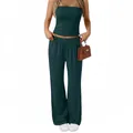 Two-piece women's casual striped loungewear set with tube top and wide-leg trousers - Dark Green Stripes
