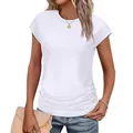 Vue détaillée d'un t-shirt blanc pour femme avec manches courtes, fronces et col rond - S / Hauts / Blanc