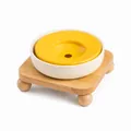 Bol à eau en céramique pour animaux avec plateau flottant jaune et support chêne - Ensemble Support Simple (Beige + Orange + Support)