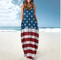 Detail of sleeveless maxi dress with American flag star and stripe print for summer - Dark Red