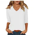 Close-up detail of white casual V-neck t-shirt for women with three-quarter sleeves - S / Tops / White