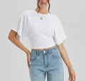 Detail view of a stylish white cropped t-shirt with pleated waist and loose sleeves - 3XL / Tops / White