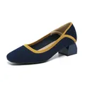 Navy blue knitted block heel shoes with yellow trim and square toe for casual wear - 34 / Striped Blue