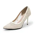 Elegantes zapatos de tacón de encaje beige bordado con punta fina y tacón de aguja - 36 / Albaricoque