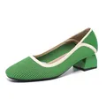 Green knitted block heel pumps with square toe and ribbed texture - 34 / Striped Green