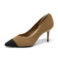 Elegant brown knitted pointed toe stiletto pumps with black cap toe for stylish women - 38 / Caramel Black