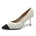 Elegant pointed-toe knit pumps featuring a checkered pattern and slender 7.5cm high heel - 38 / White Gold Grid