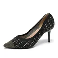 Elegant pointed-toe stiletto pump featuring a sophisticated black and gold knit plaid pattern. - 38 / Gold Thread Black Gold