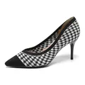 Elegant black and white houndstooth knit pointed toe pumps with slim high heels - 38 / Houndstooth Black