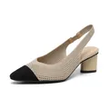 Eleganti sandali beige in maglia con punta nera e comodo tacco a blocco quadrato - 38 / Albicocca e Nero Traforato