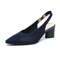 Navy blue knitted slingback sandals with pointed toe and comfortable chunky block heel. - 38 / Hollow Blue