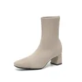 Botines calcetín de punto beige con punta cuadrada y tacón de bloque para mujer. - 34 / Albaricoque